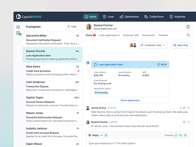 Loan Processing Inbox - FinTech CRM UI b2b saas product ux design crm customer 360 view ui filter search inbox ui design loan loan approval loan approval chat loan process modern ui design product ui product ui redesign ui design workflow