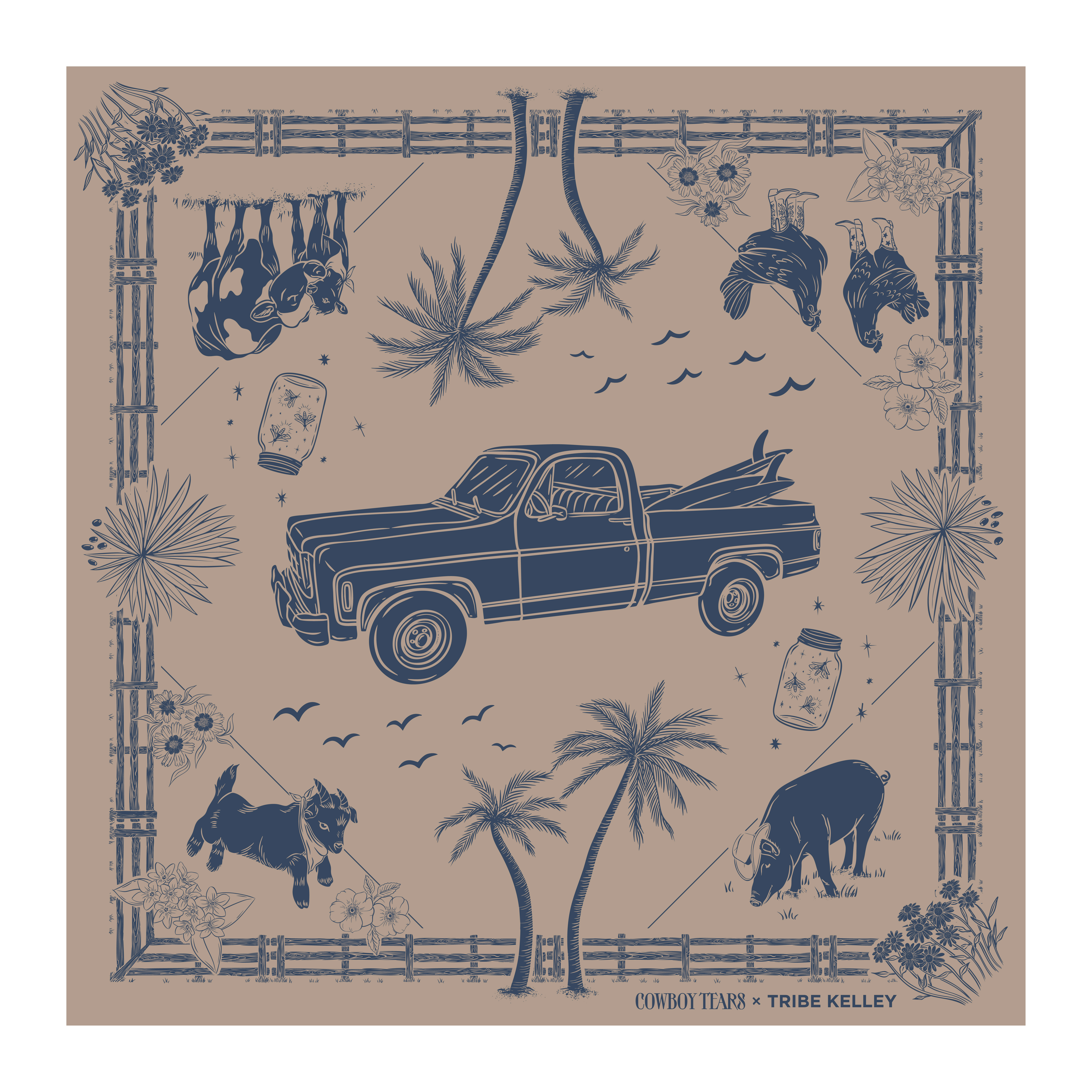 Coastal Countryside Bandana bandana chickens coastal countryside country cowboy cowboy boots cowgirl cows drawing farm florida panhandle goat hand drawn illustration pig square body truck truck vintage wildflowers