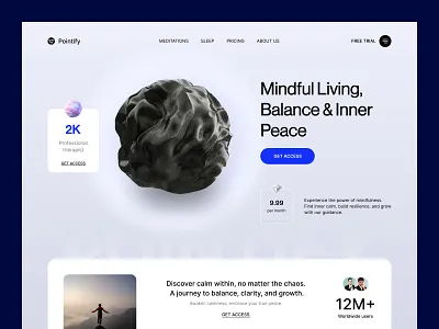 Pointify — Mindful Living & Meditation Web Design cleanui dailyui designerportfolio dribbblecommunity figmadesign healthtech landingpage mindfulness minimaldesign modernwebdesign productdesign uidesign uxdesign webdesign wellnessapp
