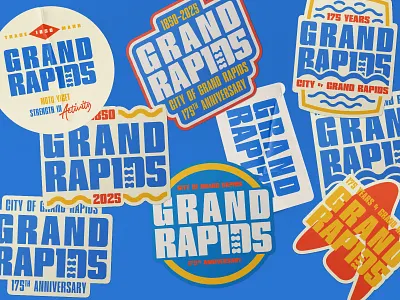 Sticker designs for Grand Rapids 175th Anniversary campaign anniversary big rapids birthday blue branding calder city derek mohr detroit grand rapids graphic design kalamazoo leetspeak logo merch michigan sticker throwback typography vintage