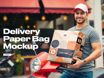 Restaurant Delivery Paper Bag Mockup backpack bag carrier carry catering container deliver delivering delivery fastfood food mock mockup order pack package pickup pizza take away takeout