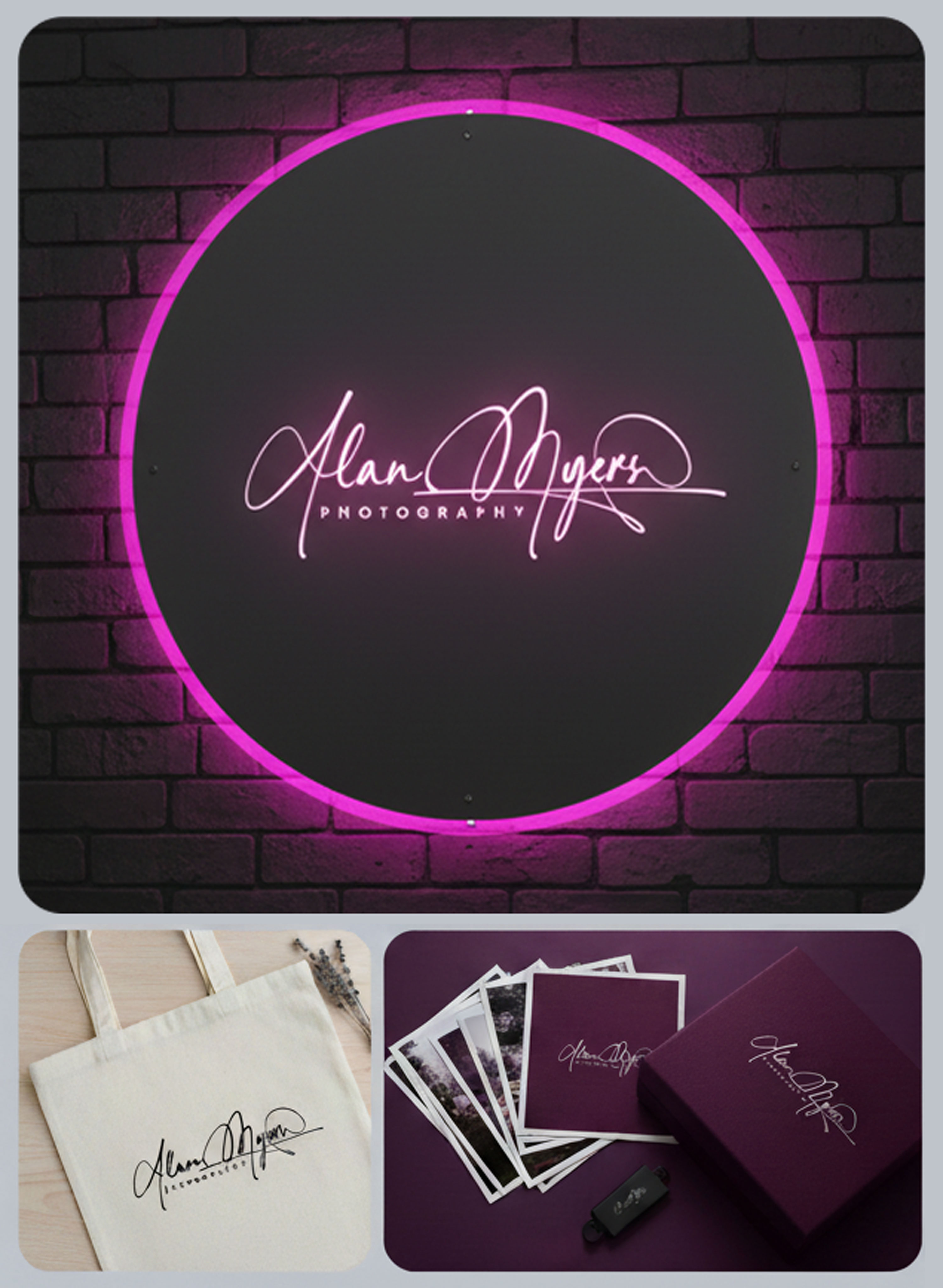 Project Showcase: Alan Myers Photography Branding brand identity branding mockup custom packaging elegant logo logo design logotype luxury branding neon sign photography branding pink neon script logo signature logo