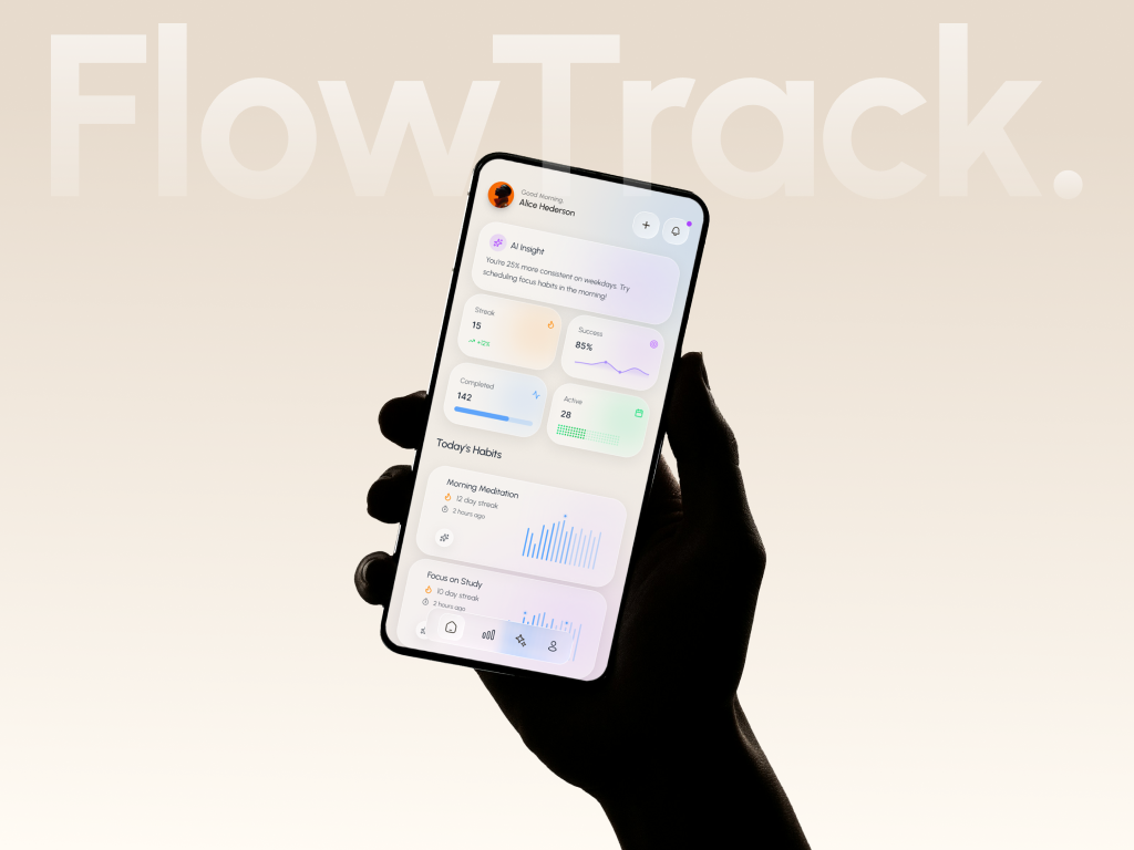 Flow Track – AI-Powered Habit Tracker App ai ai app ai based app ai chat ai chat bot ai coach ai habit tracker ai powred app app ui design artificial intelligence dashboard design flow track habit tracker habit tracker app health app mobile app product design ui ui design ux