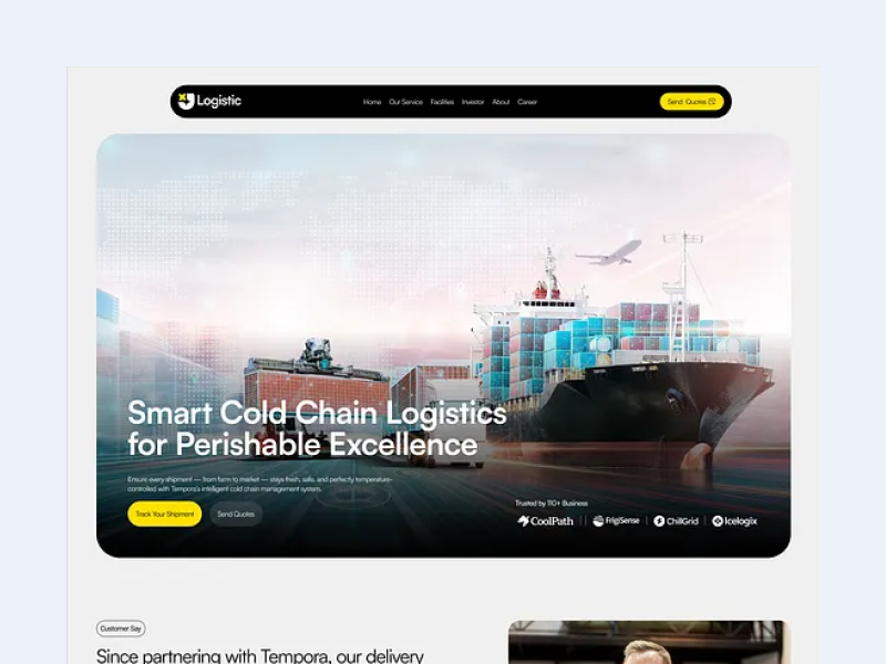 Cold Chain Logistic landing Page Design app design branding clean cold chain cold chain logictis concept delivery design graphic design illustration landing page landing page design minimal transportable transporting ui ui design ui designer ui ux design web design