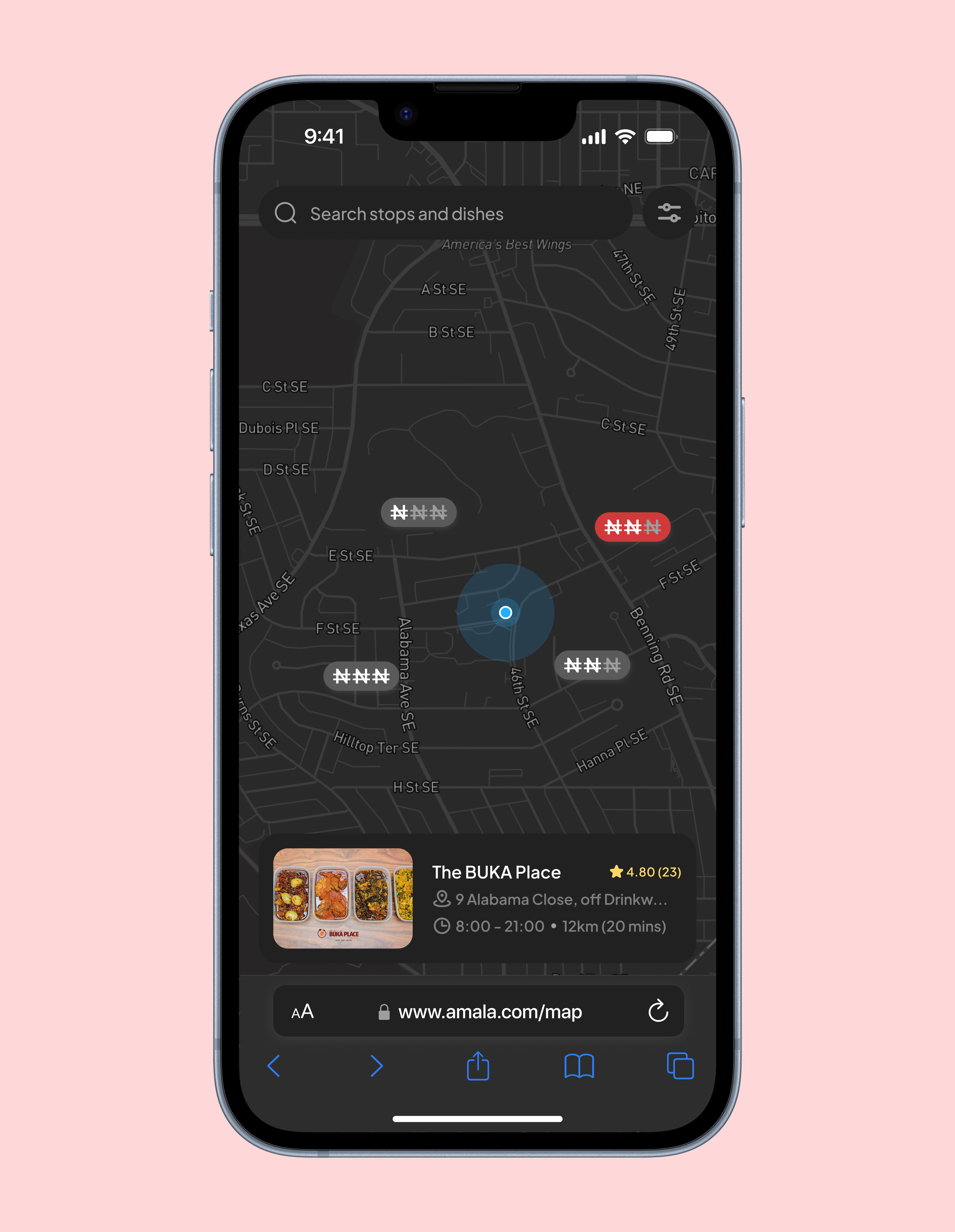 Map Exploration - (Amala Finder App) aesthetic amala app branding card ui cool dark design font food graphic design illustration logo map mockup safari sleek store ui ux