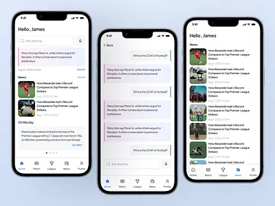AI Football Assistant App ai app ai assistant apurba chat ui clean design fan engagement football app football stats light mode ui match tracker minimal ui mobile ui modern interface product design soccer app sports analytics sports app sports tech ui design ux design