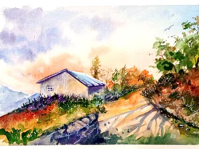 Original Watercolor Landscape Painting – Cottage on Hill, Peacef art hand painted handmade illustration nature paint painting sky
