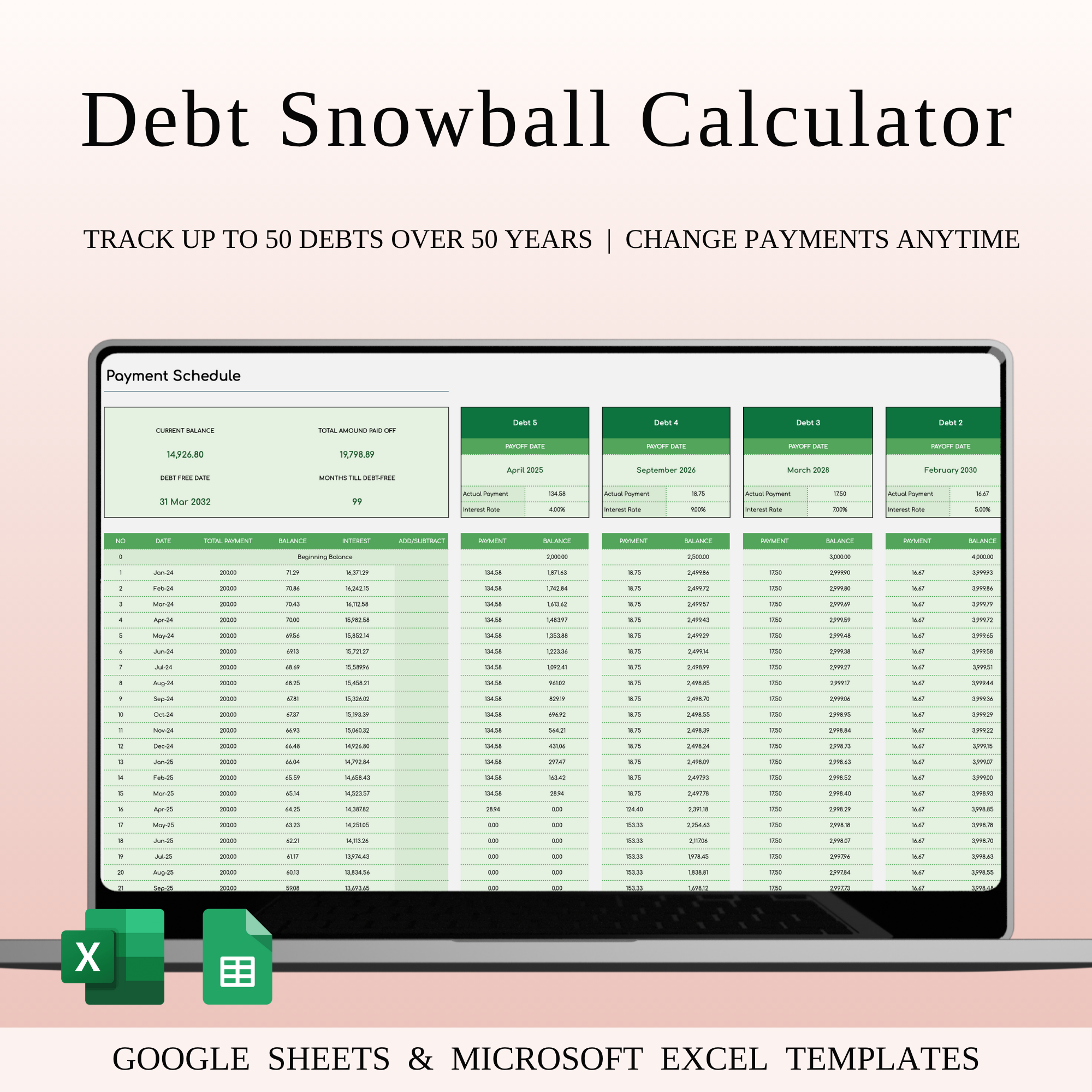 Debt Snowball Calculator Template for Excel & Google Sheets budget template budgeting spreadsheet credit card tracker debt dashboard debt elimination tool debt payoff debt planning debt reduction debt repayment tracker debt snowball calculator debt tracker excel debt template financial freedom financial planning google sheets debt green theme loan tracker money management personal finance snowball method