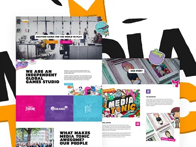 Mediatonic brand exploration character cute cyan design fallguys games gaming graphic design illustration m media orange pink purple skateboard stickers tonic web design website