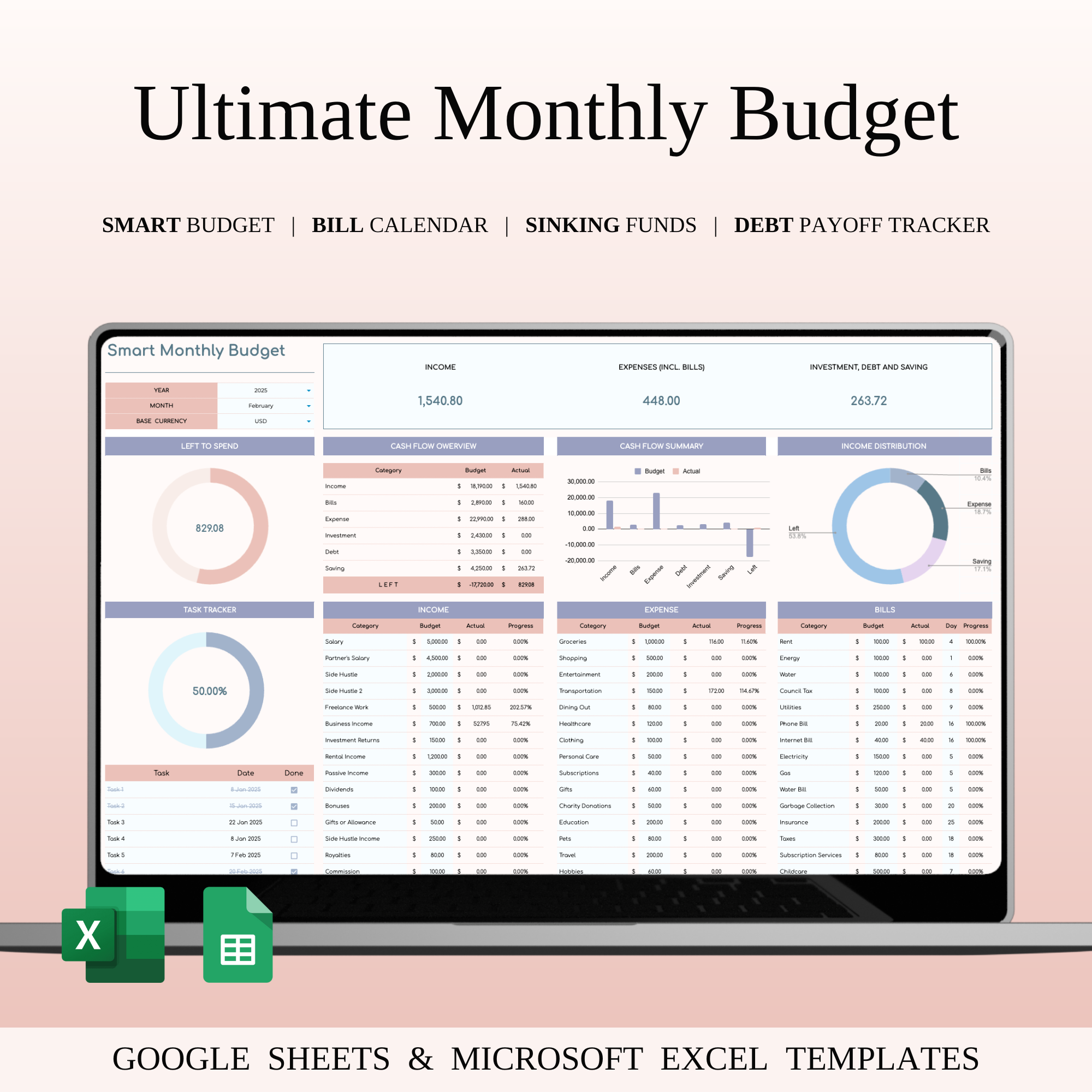 Ultimate Monthly Budget Spreadsheet Excel budget planner budget spreadsheet budget template budgeting tool debt tracker excel template expense categories expense tracker financial dashboard financial goals financial overview financial planning google sheets income categories income tracker money management monthly budget monthly expenses personal finance savings tracker