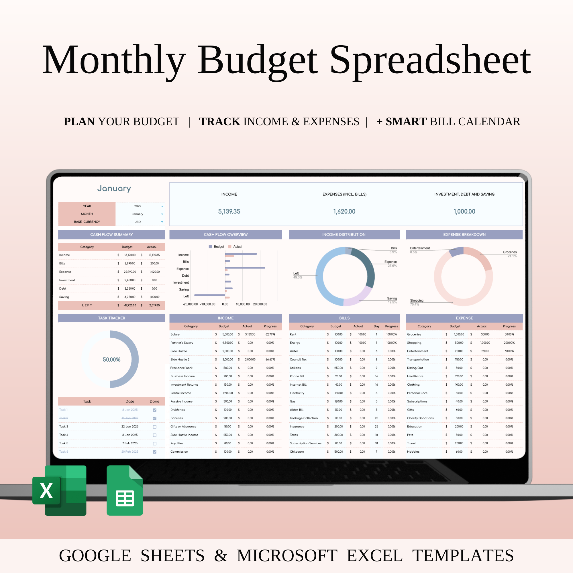 Monthly Budget Spreadsheet Template Excel budget planner budget spreadsheet budget template budgeting tool debt tracker excel template expense categories expense tracker financial dashboard financial goals financial overview financial planning google sheets income categories income tracker money management monthly budget monthly expenses personal finance savings tracker