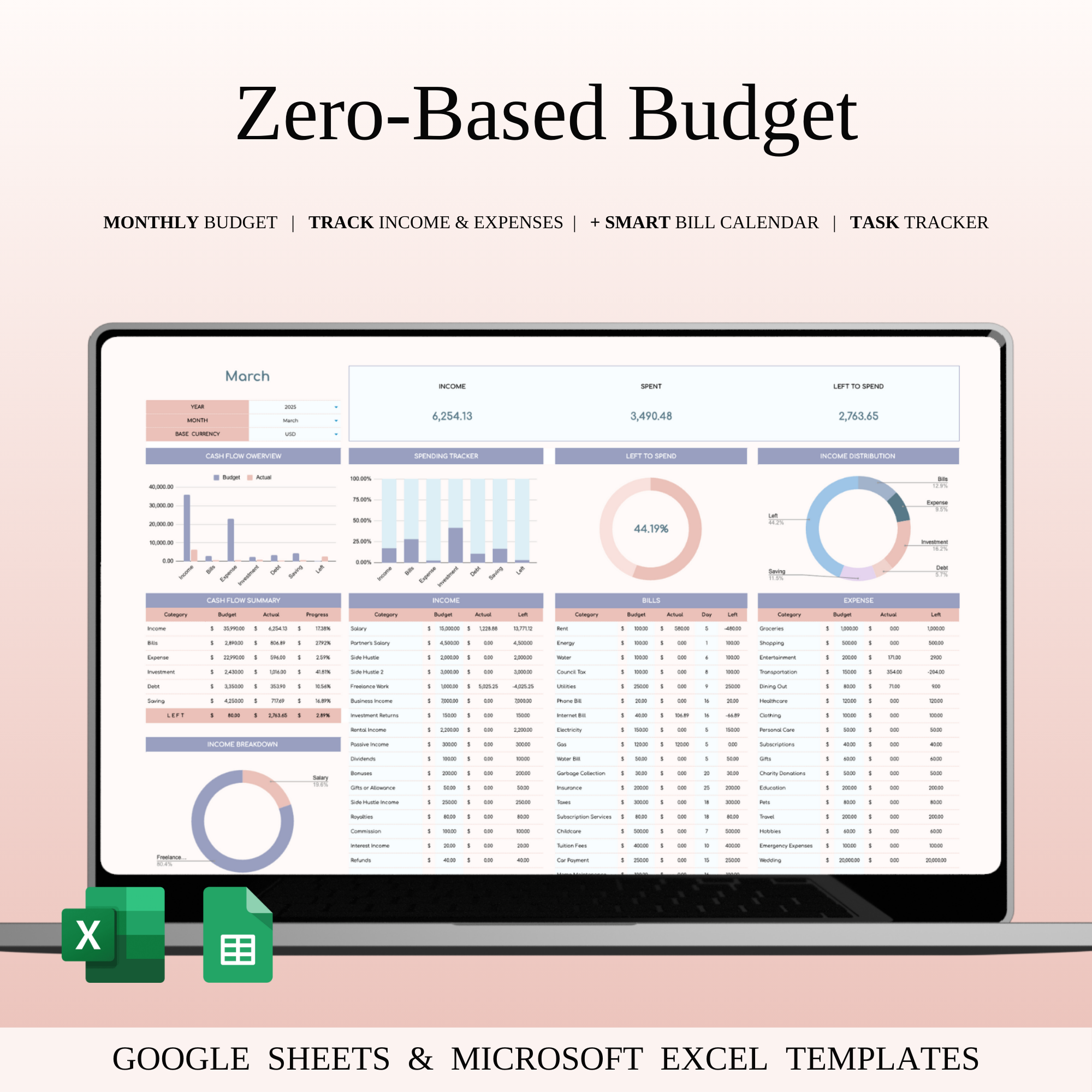 Zero-Based Budget Spreadsheet Template in Excel and Google Sheet budget planner budget spreadsheet budgeting method budgeting tool debt tracker excel template expense categories expense tracker financial dashboard financial goals financial overview financial planning google sheets income categories income tracker money management monthly expenses personal finance savings tracker zero based budget
