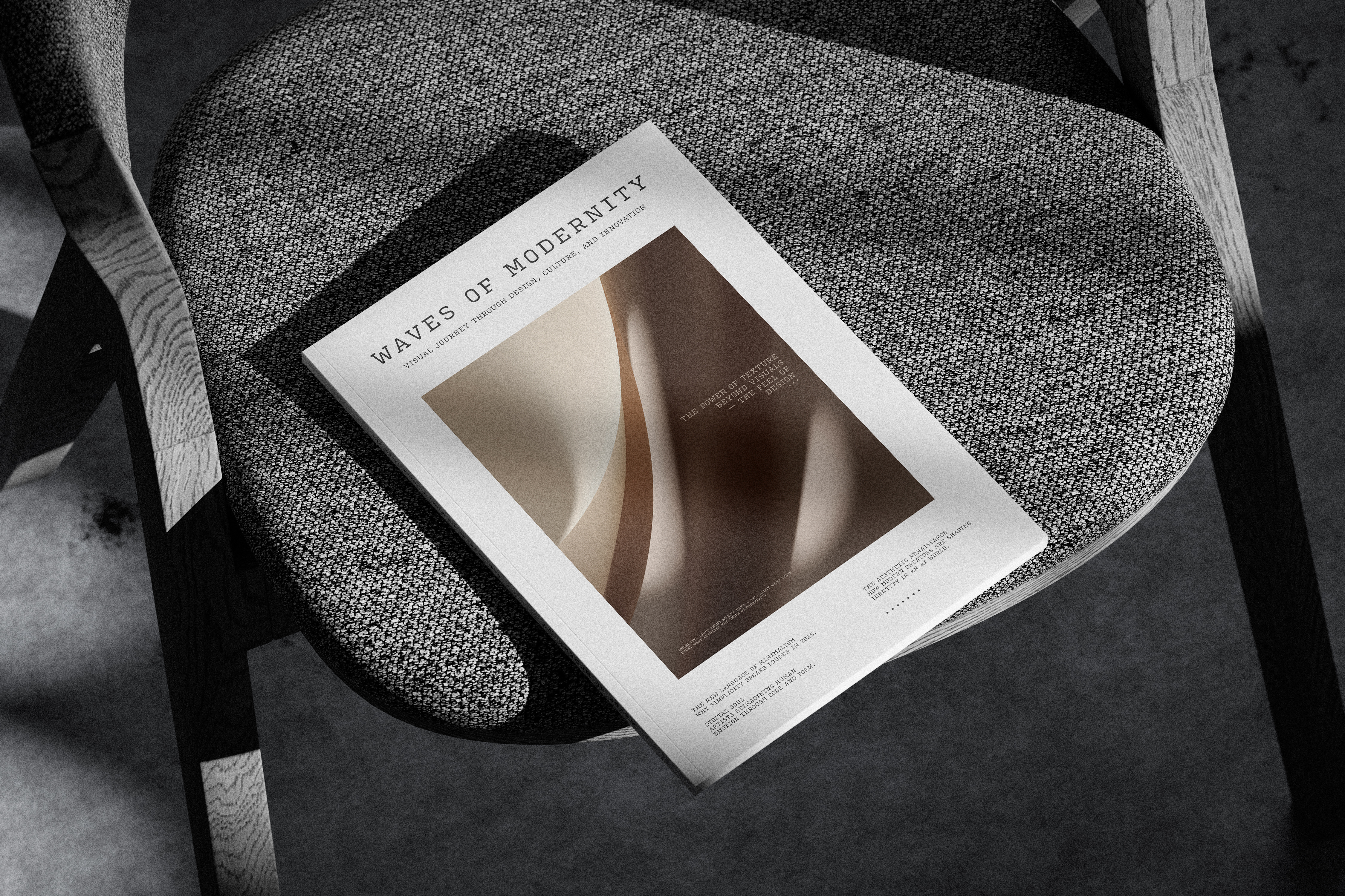 A4 Magazine Cover Mockup with Shadow Overlay on Chair a4 book branding cover design magazine mock up mock ups mockup mockups