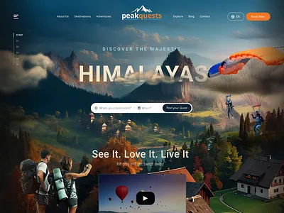 PeakQuests - Wander. Explore. Experience, Your Adventure Starts! adventure design elegant graphic design hero section landing page modern mountains nature sleek tourism ui web design webpage website design