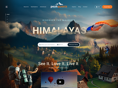 PeakQuests - Wander. Explore. Experience, Your Adventure Starts! adventure design elegant graphic design hero section landing page modern mountains nature sleek tourism ui web design webpage website design
