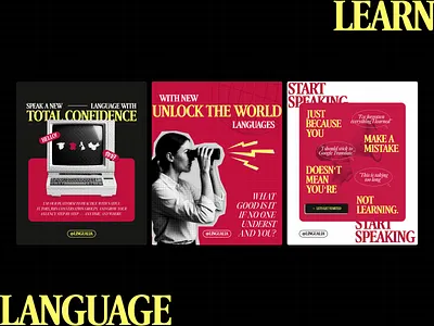 "lingualia" High-Contrast Social Media Campaign ad campaign branding graphic design high contrast instagram ads language learning poster design retro design screen printing social media ads typography vintage style