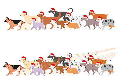 dogs pack walking in Christmas mood animal cartoon christmas cute desember design dogs graphic design illustration lights santa hat walking