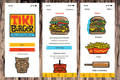 Order Screens for Tiki Burger brush style burger cheeseburger comic style corn dog fastfood fries mobile design ocean surf tiki ui user interace