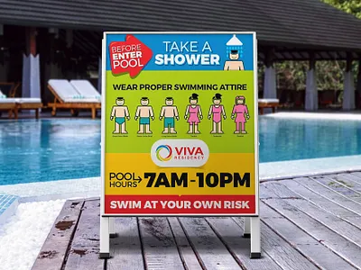 Simple Swim Pool Signage Design clean creative design infographic modern pictogram pool poster print professional resort shower signage simple swim