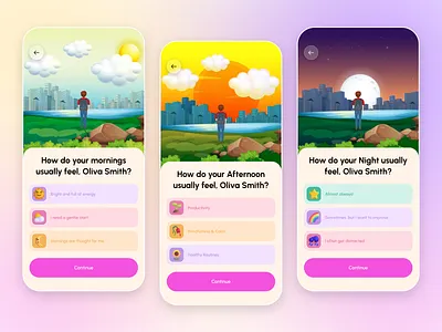 Daily Mood Journey – Morning to Night UI Design app design daily mood dailyreflection emotional design healthy mind journaling app meditation app mindful design mindfulness app mobile mobile app mood tracker self care app selfcare splash splash screen ui design wellbeing app wellness ui yoga app