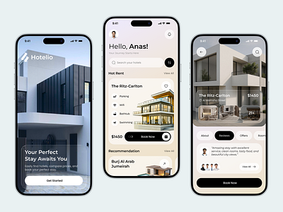 Hotel Booking App UI Design app interface booking app booking platform hospitality app hotel booking app hotel finder luxury travel app minimal design mobile app mobile app design modern ui travel app ui ux design