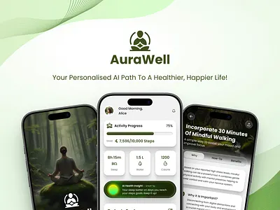 AI Health & Fitness App Design - Aurawell ai ai fitness ai health app design figma fitness fitness app green health health app mobile ui ui design uidesign ux
