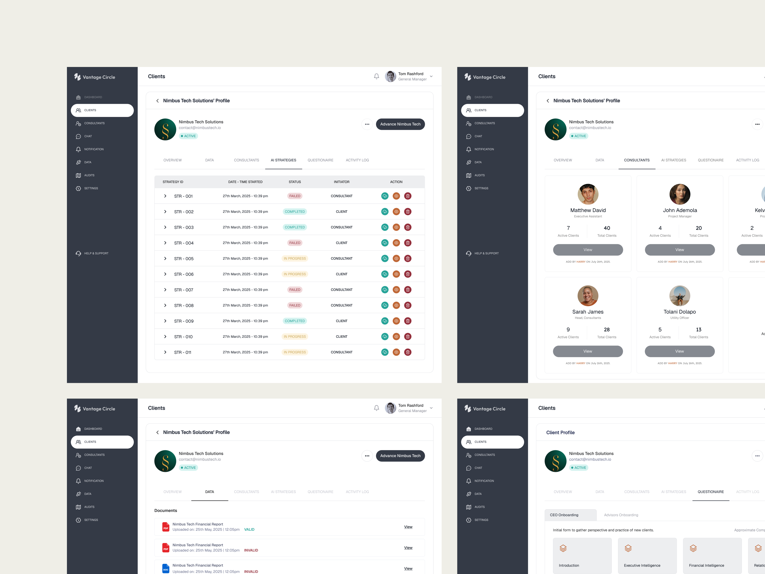 Client's Profile Pages - VANTAGE CIRCLE admin administration ai business client clients dashboard product design profile small business strategies ui ui design user experience user interface ux ux design