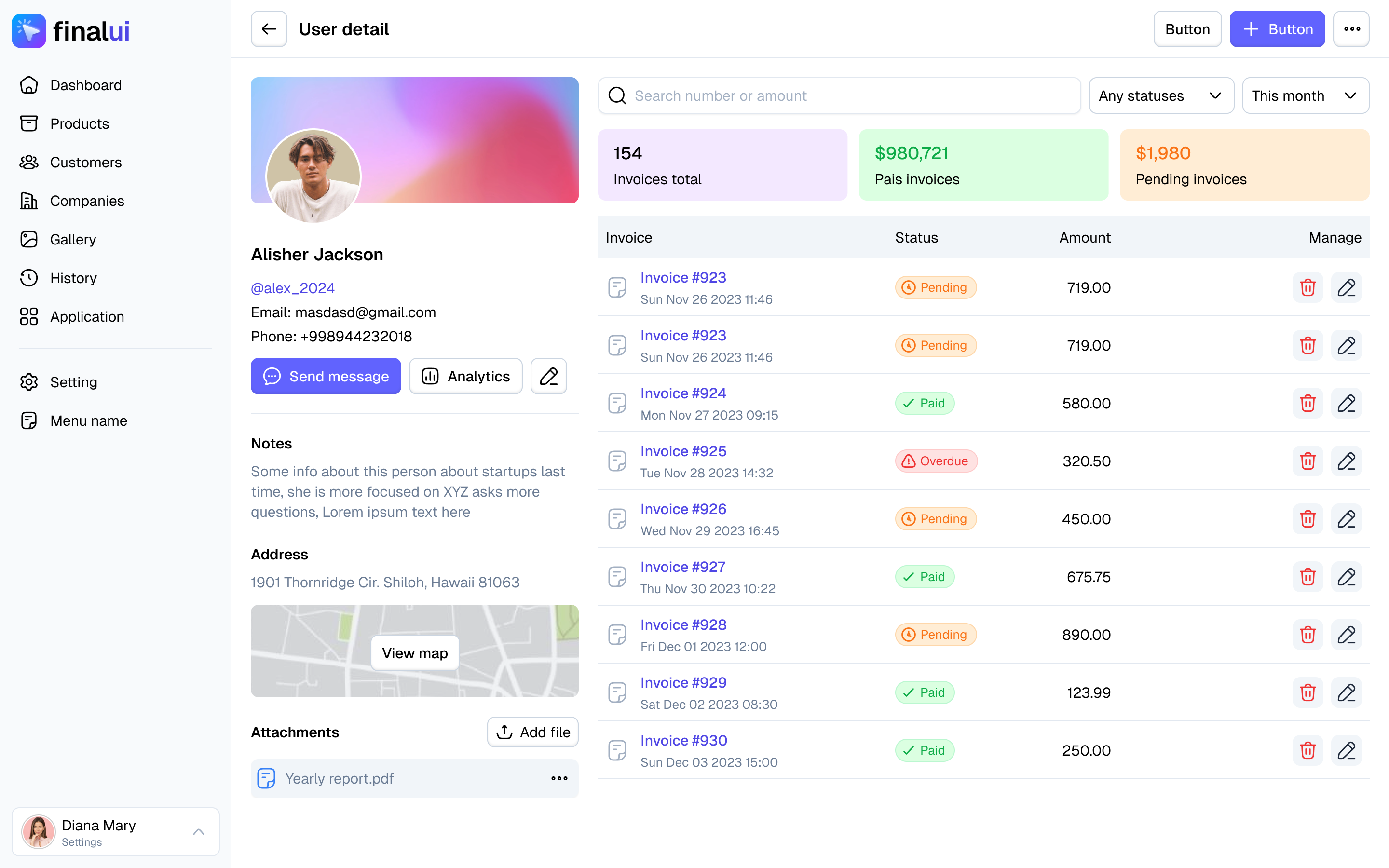 Details UI admin company detail detail view details profile saas user detail