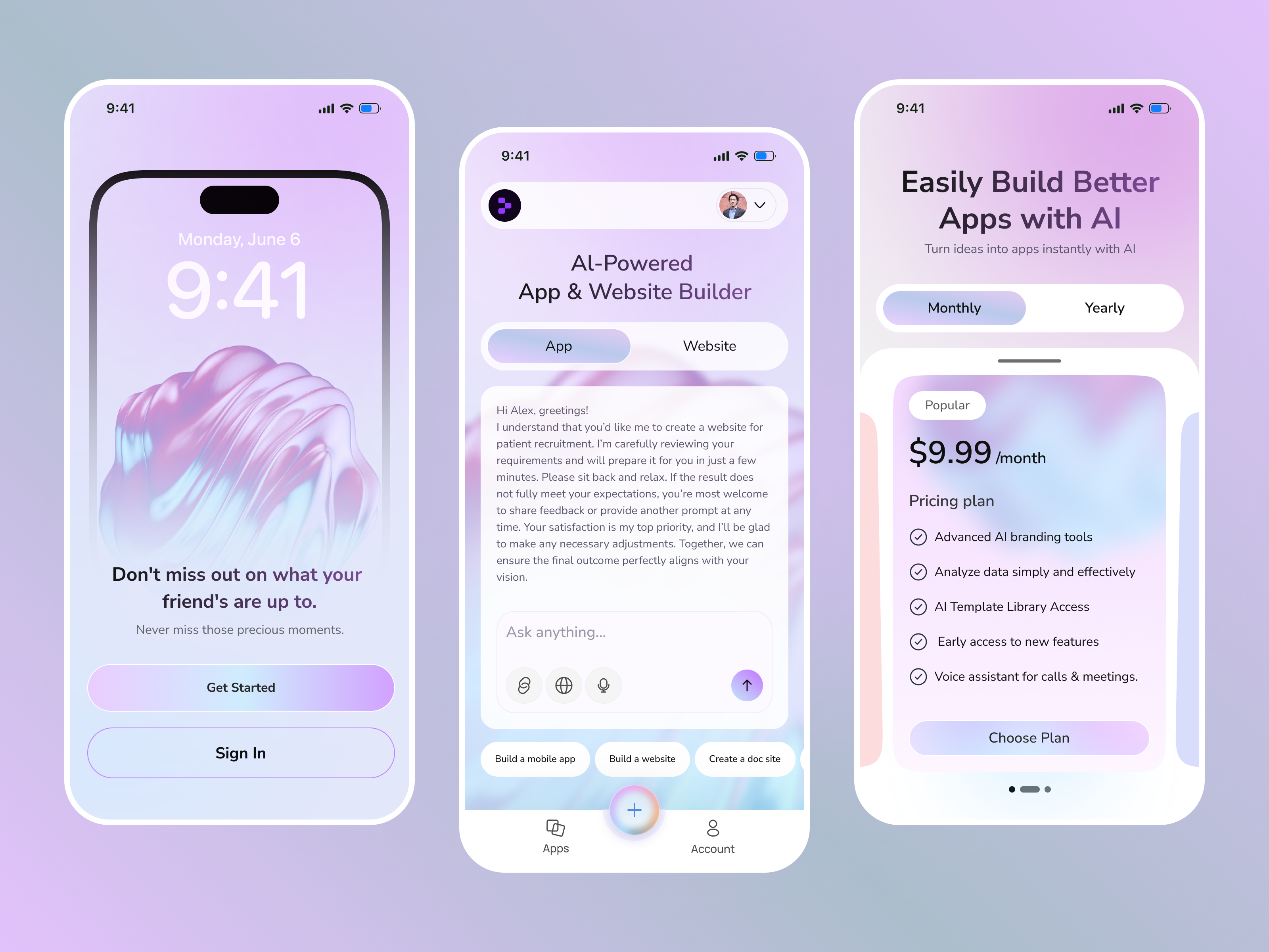 AI App & Website Builder – Modern Mobile UI Design ai ai app ai assistant ai tools ai website builder ai website builder app app builder app design futuristic app gradient ui minimal mobile mobile app design mobile app ui product design saas app ui ux design