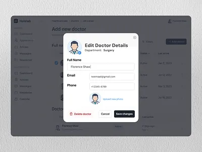 Holelab – Doctor Management Modal admin panel clean ui dashboard design doctor management figma design health tech healthcare deshboard holelore hospital system interface design medical app minimal design modal design modern ui pop up design product design saas design ui ux design ux design web app ui