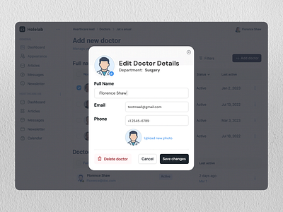 Holelab – Doctor Management Modal admin panel clean ui dashboard design doctor management figma design health tech healthcare deshboard holelore hospital system interface design medical app minimal design modal design modern ui pop up design product design saas design ui ux design ux design web app ui