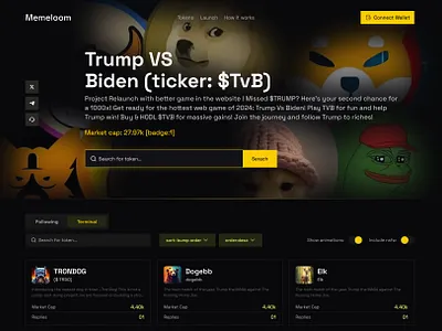 Meme Coin Token Listing Website crypto dashboard crypto exchange crypto tracker marketplace meme coin meme coin dasbhoard meme coin landing page meme coin website meme coin website listing meme token minimal design token board token launch token listing trading platform web design