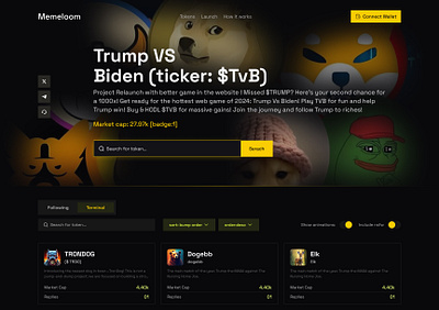 Meme Coin Token Listing Website crypto dashboard crypto exchange crypto tracker marketplace meme coin meme coin dasbhoard meme coin landing page meme coin website meme coin website listing meme token minimal design token board token launch token listing trading platform web design