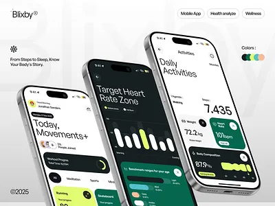 Blixby - Health mobile app activity tracker app chart darkmode data visualization fitness app health health app health dashboard heart rate mobile app mobile ui premium product design sleep tracker tracker ui uiux wellness