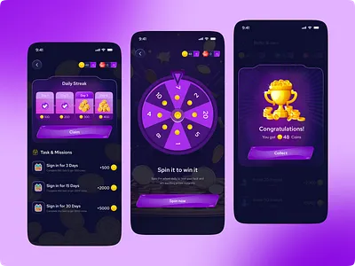 Game Hub - Game Store Mobile App coin collect coins community daily streak dark mode ui esports fun game hub game tournaments game ui game ux gaming gaming community gaming dashboard gaming platform hub online gaming product design spin uiux interface