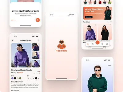 HoodFlare – Streetwear Shopping App UI (Hoodie E-Commerce) apparel shopping app clothing shop mobile ecommerce app concept fashion e commerce home feed design hoodie store app ios app ui mehbubur rahman minimal mobile ui mobile app mobile app design modern uiux onboarding screen product details page product gallery shopping cart fab streetwear ui ui uiux wishlist ui