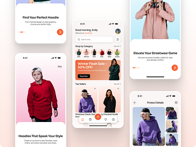 HoodFlare – Streetwear Shopping App UI (Hoodie E-Commerce) apparel shopping app clothing shop mobile design ecommerce app concept fashion e commerce home feed design hoodie store app ios app ui mehbubur rahman minimal mobile app minimal mobile ui mobile app design modern uiux onboarding screen product details page shopping cart fab streetwear ui ui uiux wishlist ui
