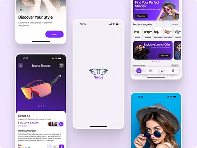 Eyewear E-Commerce Mobile App – Modern Purple Gradient UI category chips design ecommerce app concept eyewear e commerce fashion retail app ios app ui lifestyle eyewear mehbubur rahman mobile app mobile app design modern mobile ui onboarding screen product details page quantity stepper sale price ui search bar ui shades store ui sports sunglasses ui wishlist ux