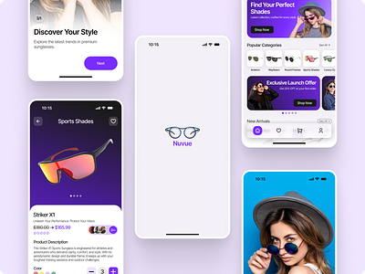 Eyewear E-Commerce Mobile App – Modern Purple Gradient UI category chips design ecommerce app concept eyewear e commerce fashion retail app ios app ui lifestyle eyewear mehbubur rahman mobile app mobile app design modern mobile ui onboarding screen product details page quantity stepper sale price ui search bar ui shades store ui sports sunglasses ui wishlist ux