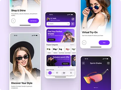 Eyewear E-Commerce Mobile App – Modern Purple Gradient UI category chips eyewear e commerce fashion retail app ios app ui mehbubur rahman minimal ui mobile app mobile app design modern mobile ui modern ui onboarding screen product details page purple gradient quantity stepper search bar ui shades store ui sports sunglasses sunglasses shopping app ui wishlist ux