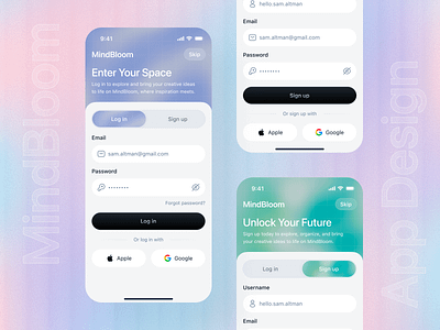 Idea Management Mobile App - Login / Sign Up Screen ai app ai powered app android design app design chatbot design data science deep learning idea management ios design login screen machine learning minimalist design mobile app design modern design neural network onboarding design sign up screen smart management uiux design user interface