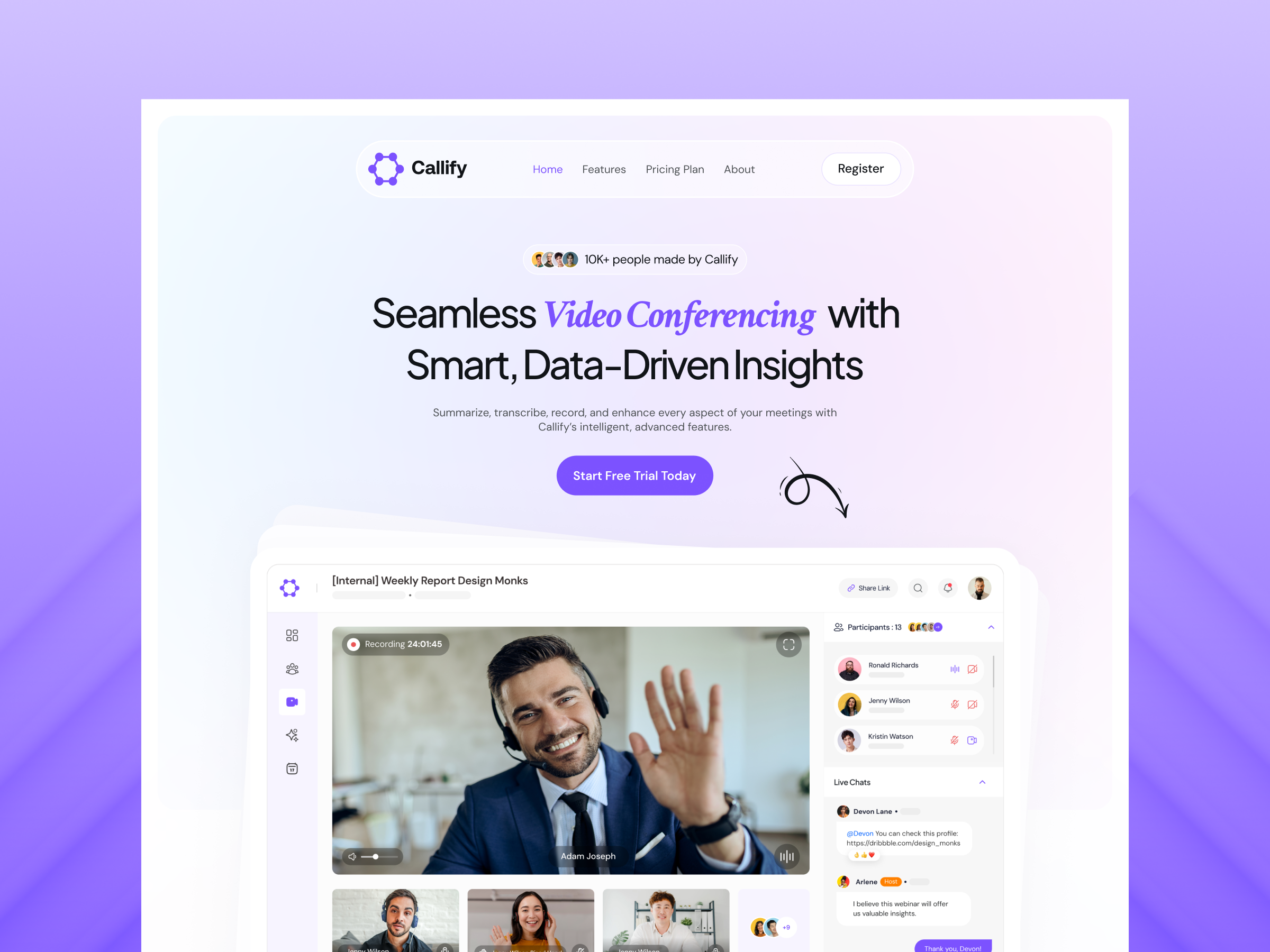 Callify - Video Conference App Landing Page clean design design design inspiration gmeet landing page livestream meeting website online meeting product design saas ui uiux user interface video call website video conference video conference app web app web ui website zoom