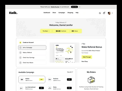 User Dashboard bonus branding clean dashboard dashboard ui ecoomerce landing page light theme onboarding product design refer a friend typography ui ui ux user dashboard user experience ux web web app web platform