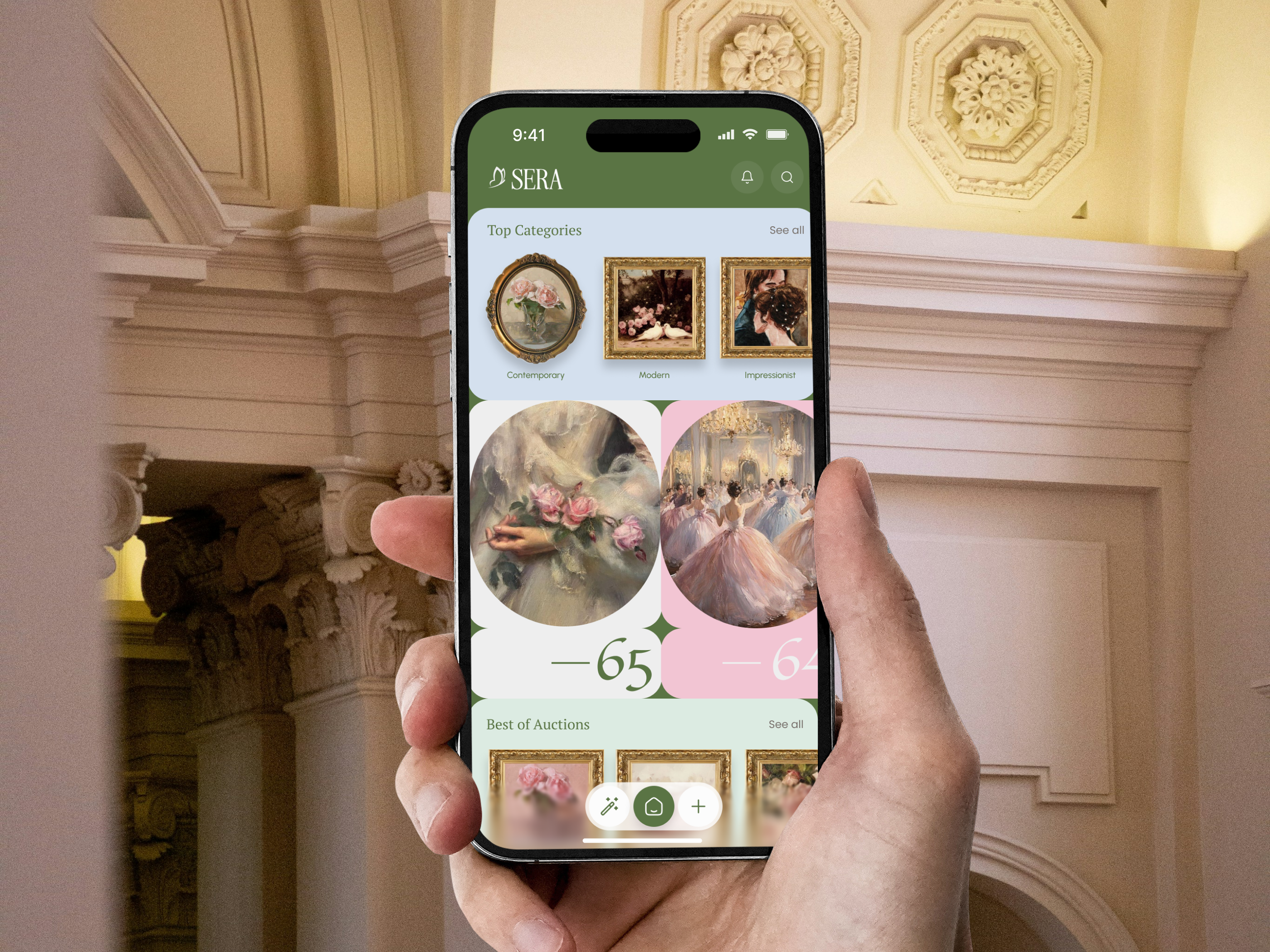 Sera - Art Auction App - IoS app design art auction bento grid branding graphic design mobile app modern ui pastel color ui ux