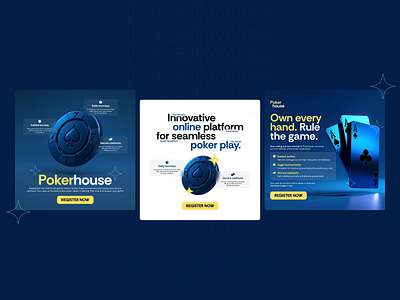 Pokerhouse | Minimalist Online Poker Ad Concepts 3d rendering ad design branding dark theme digital marketing gaming graphic design minimal design mobile gaming online gaming poker product visualization social media ads ui design