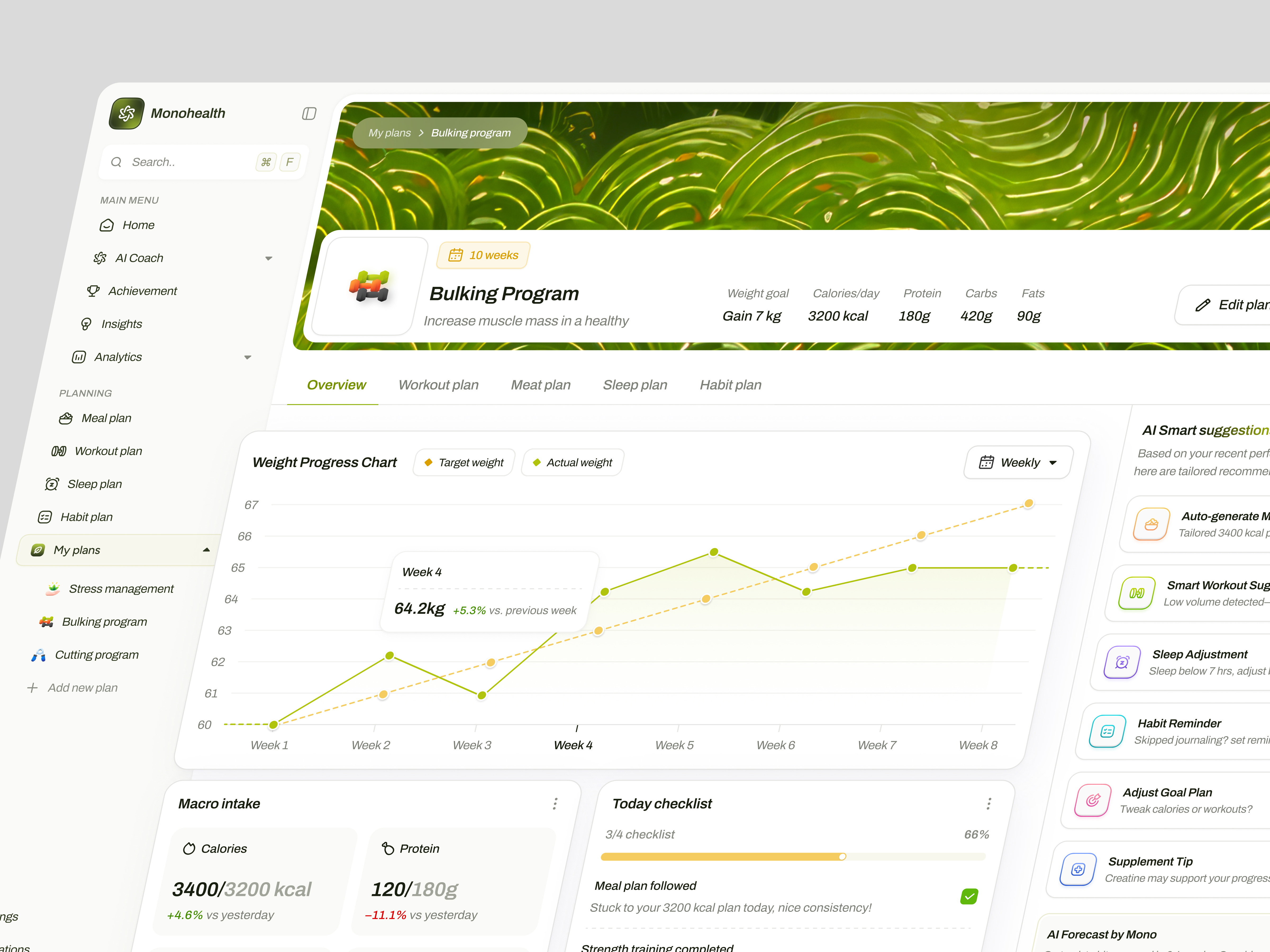 Monohealth — AI-Powered Holistic Wellness Dashboard ai coach clean design daily checklist data visualization exercise fitness analytics habit tracker health dashboard macro tracking minimal design modern ui nutrition tracker product design sleep analysis ui ux design ux ui design weight gain plan wellness ui