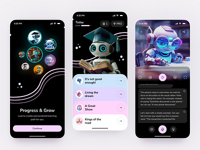 AI Learning Assistant App UI | Smart Education Experience 3d character design ai app ai interface app design edtech education app learning app learning assistant mobile mobile app neon ui study app ui design voice app