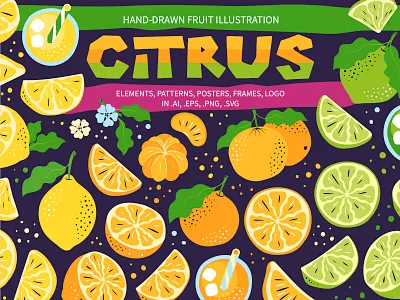 Hand-Drawn Citrus Vector Design Set branding citrus design elements flat frames fruts graphic design hand drawn illustration logo patterns posters vector