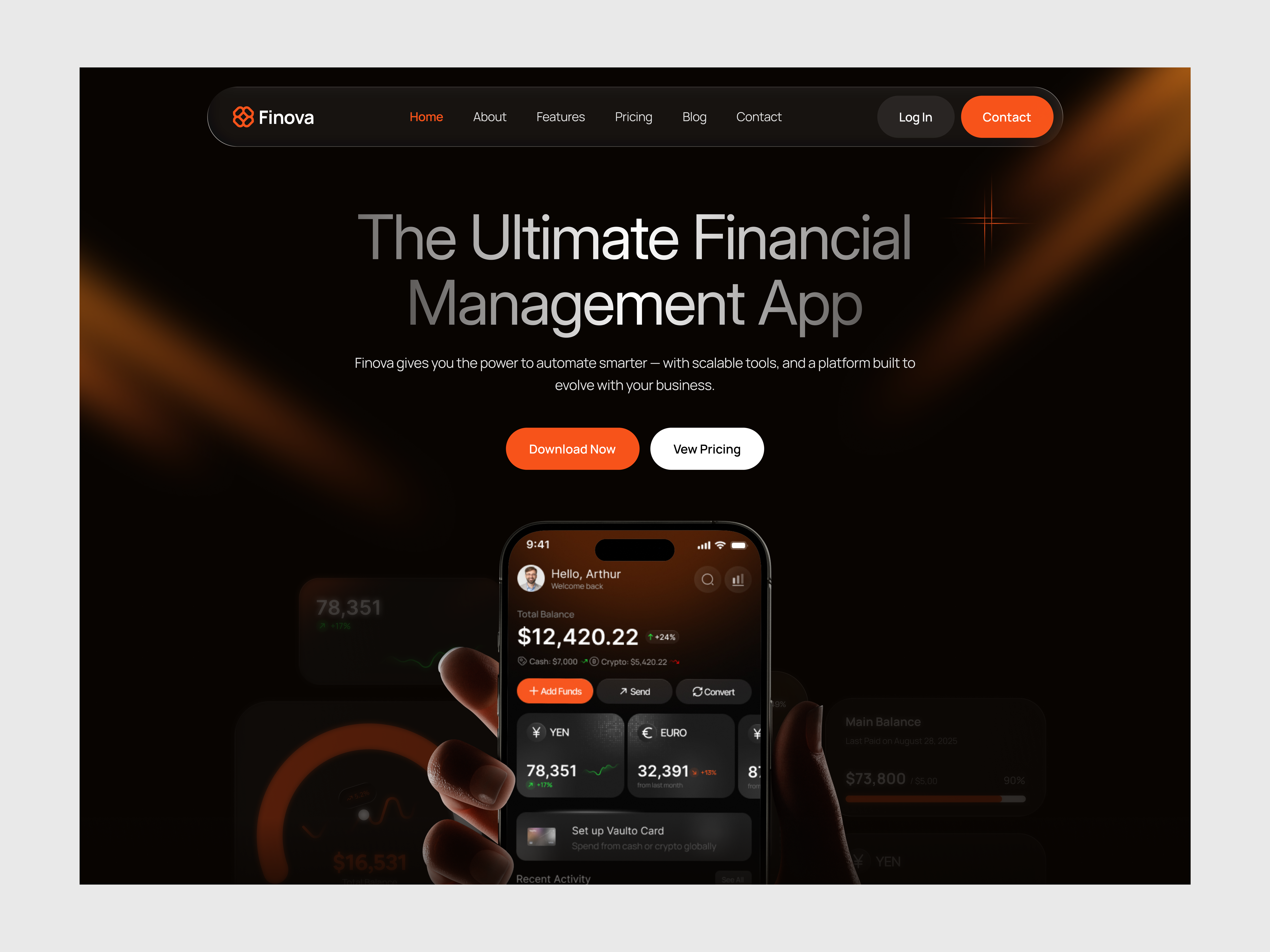 Finova - Finance Management App Landing Page Design app design app website finance fintach fintach web fintech landingpage hero section landing page landingpage design management mobile mobile app design product design ui design ux design web design website