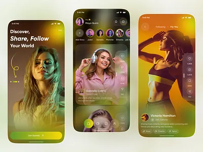Social Media App UI | Discover, Share & Follow Your World app design community app feed design glass morphism mobile mobile app profile page social app social media app stories ui ui design vibrant ui visual design